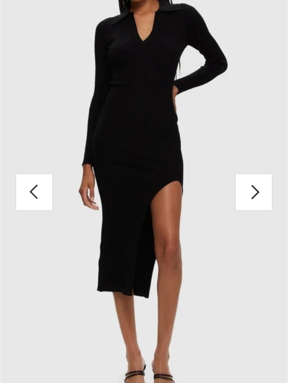 NWT Kuwalla Black Ribbed Collared Midi Dress Long Sleeve Stretch Viscose Blend - Picture 3 of 12